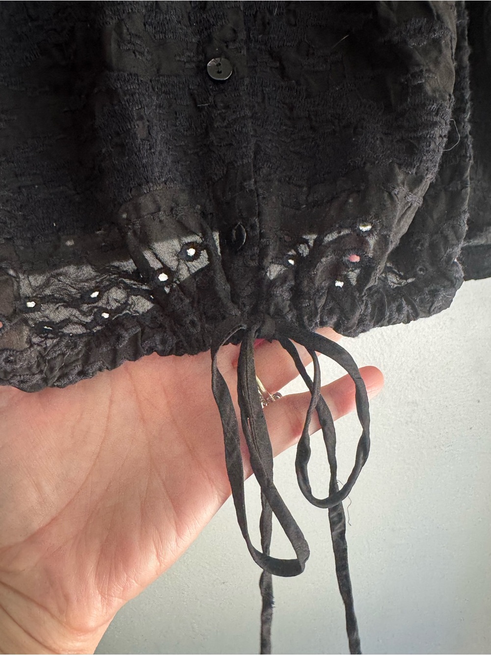 Johnny Was Black Eyelet V-Neck Long Sleeve button Front Top - Picture 9 of 10